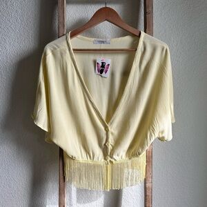 Solemio Los Angeles Yellow Cropped Fringe Boho Top sz: Med NWT